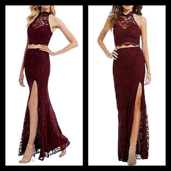 B Darlin 2 pc Burgundy Wine Formal Dress Lace Skirt Cut Out Top Jr Sz 3 - Picture 1 of 14